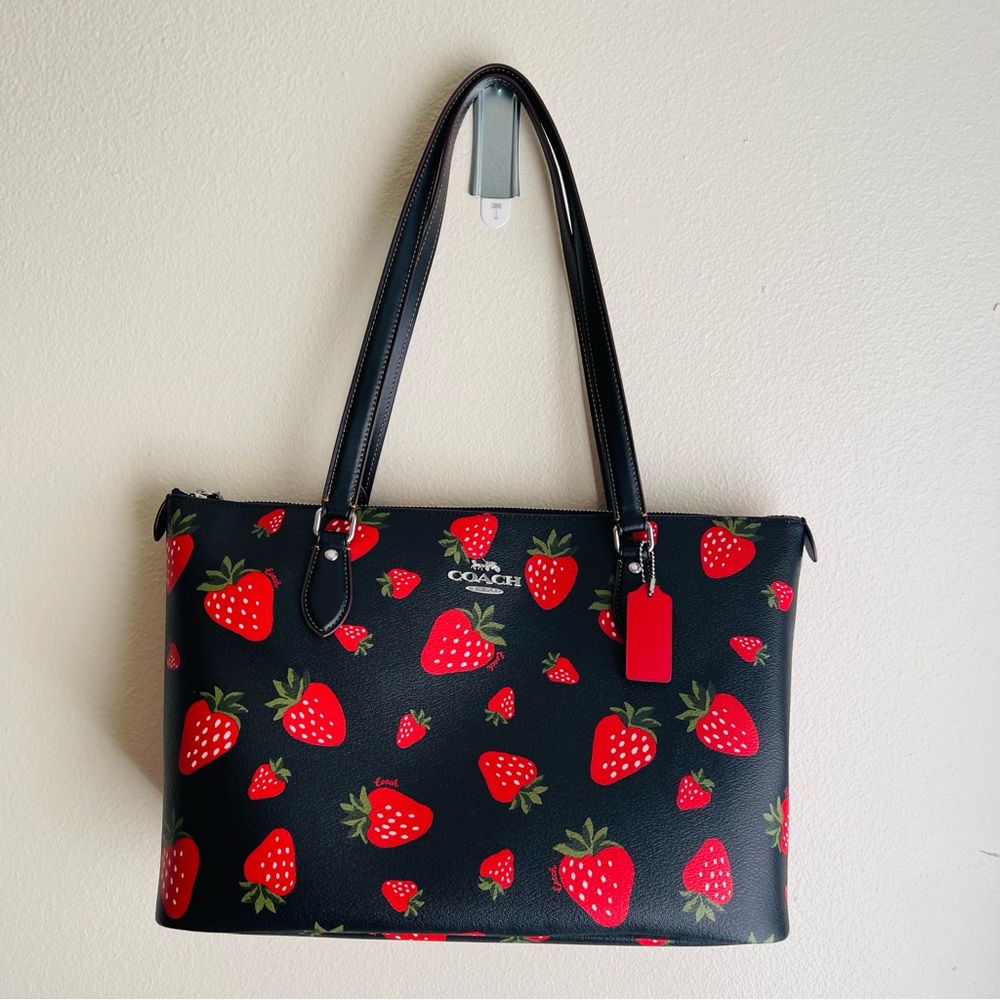 Authentic Coach Black & Red Leather Strawberry Gallery Tote NWT: